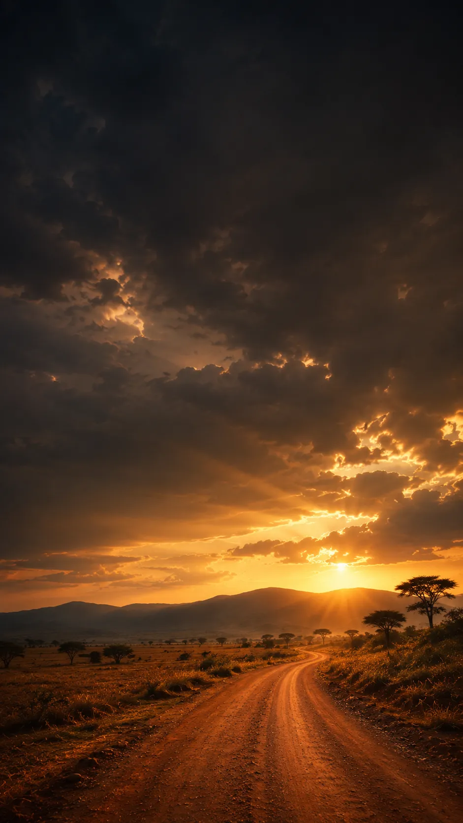 Strada sterrata nella savana keniana al tramonto